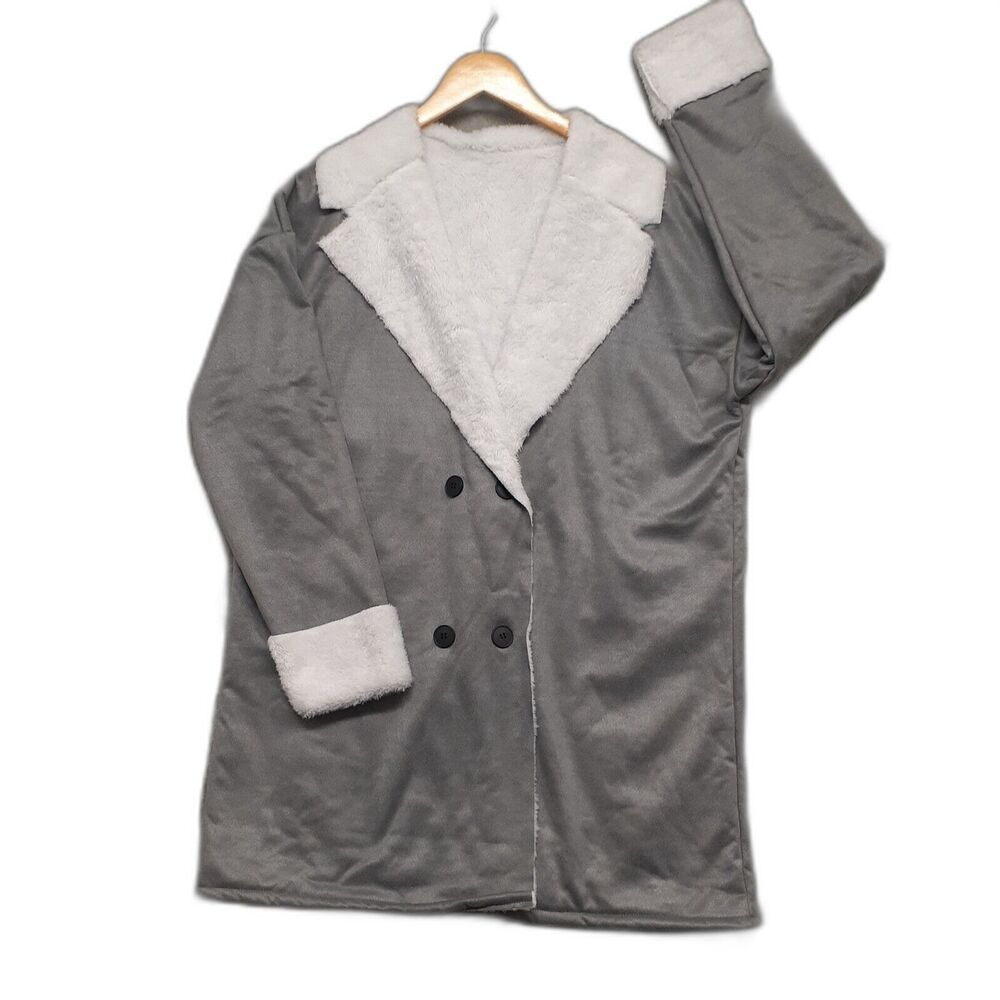 Double Breasted Peacoat Women Sz L Sherpa Fleece Lined Faux Suede Gray Cozycore